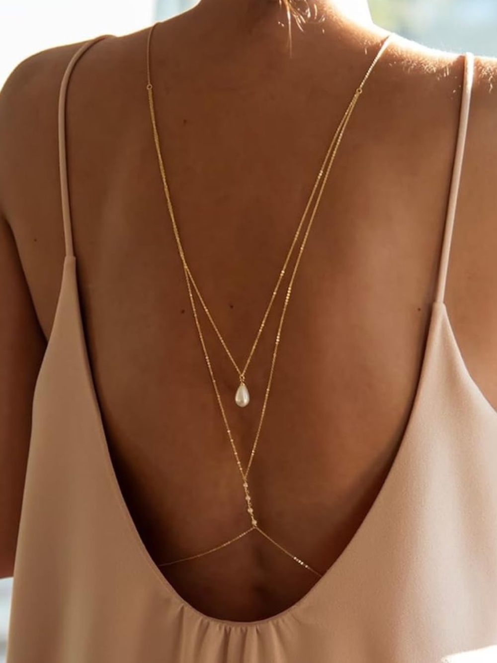 Gold Pearl Back Necklace  Layered Back Drop Jewelry Minimalist Bridal Body Chain